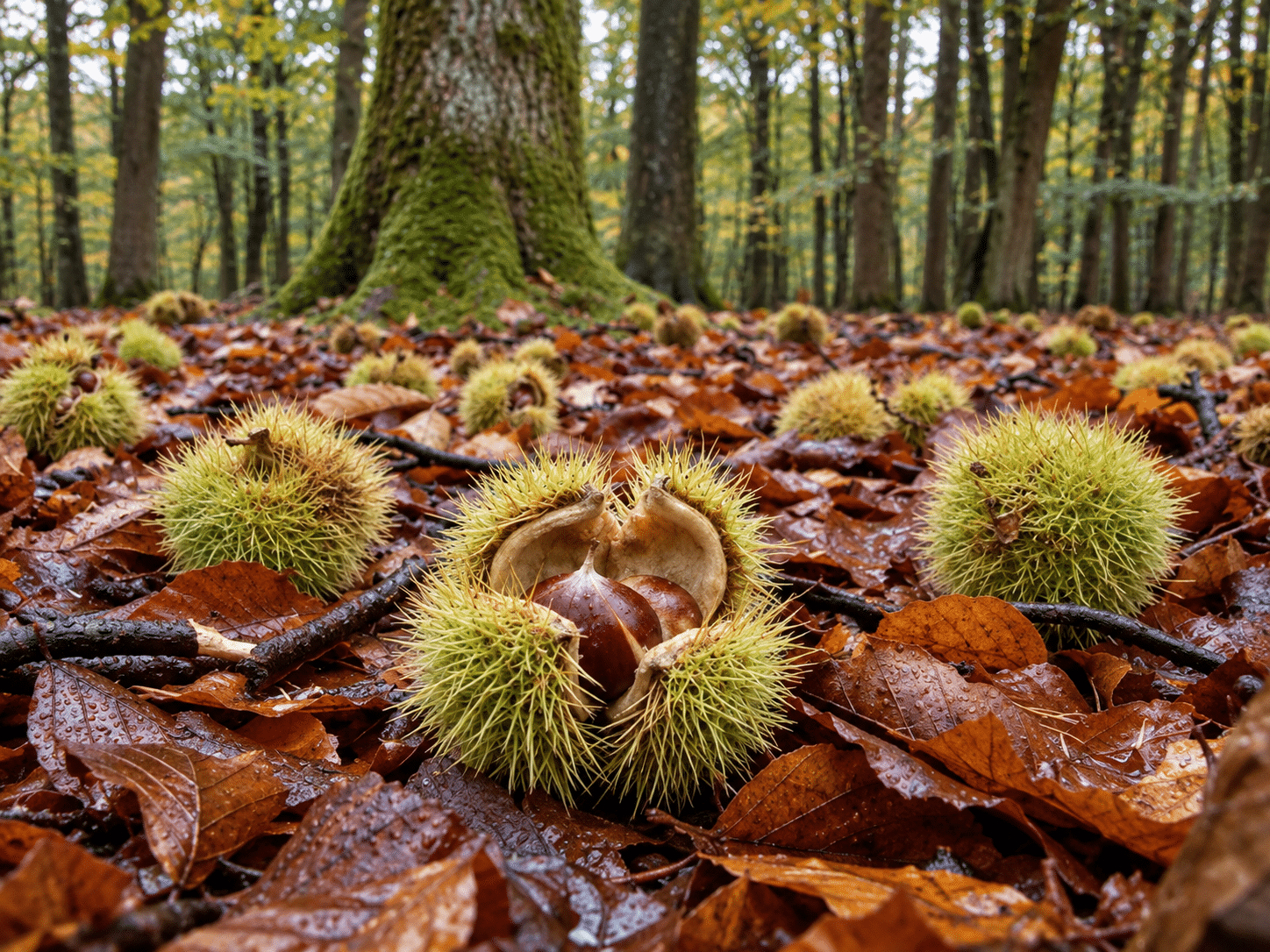 Raccolta delle castagne a Canepina durante la festa delle Giornate della Castagna.